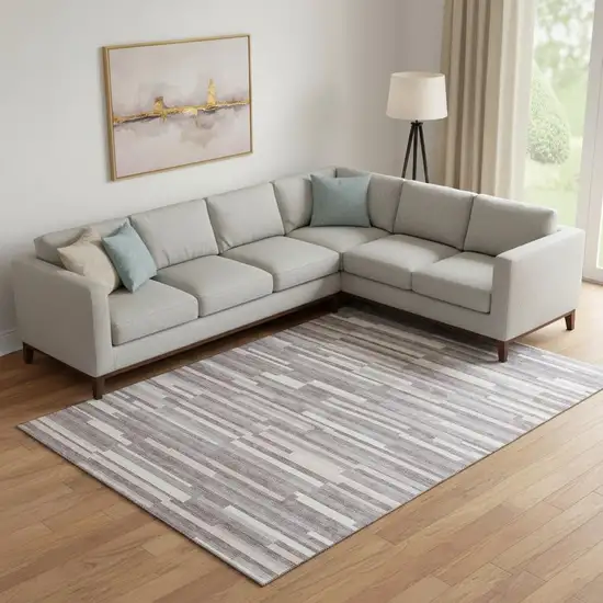 Lavender And Ivory Striped Washable Area Rug With UV Protection Photo 1