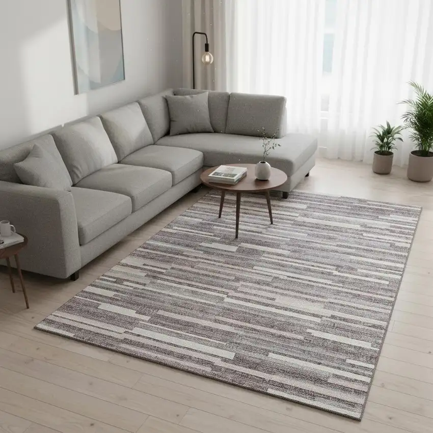 Lavender And Ivory Striped Washable Area Rug With UV Protection Photo 2