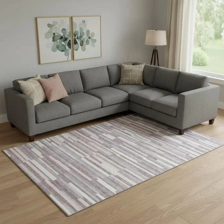 Lavender And Ivory Striped Washable Area Rug With UV Protection Photo 1