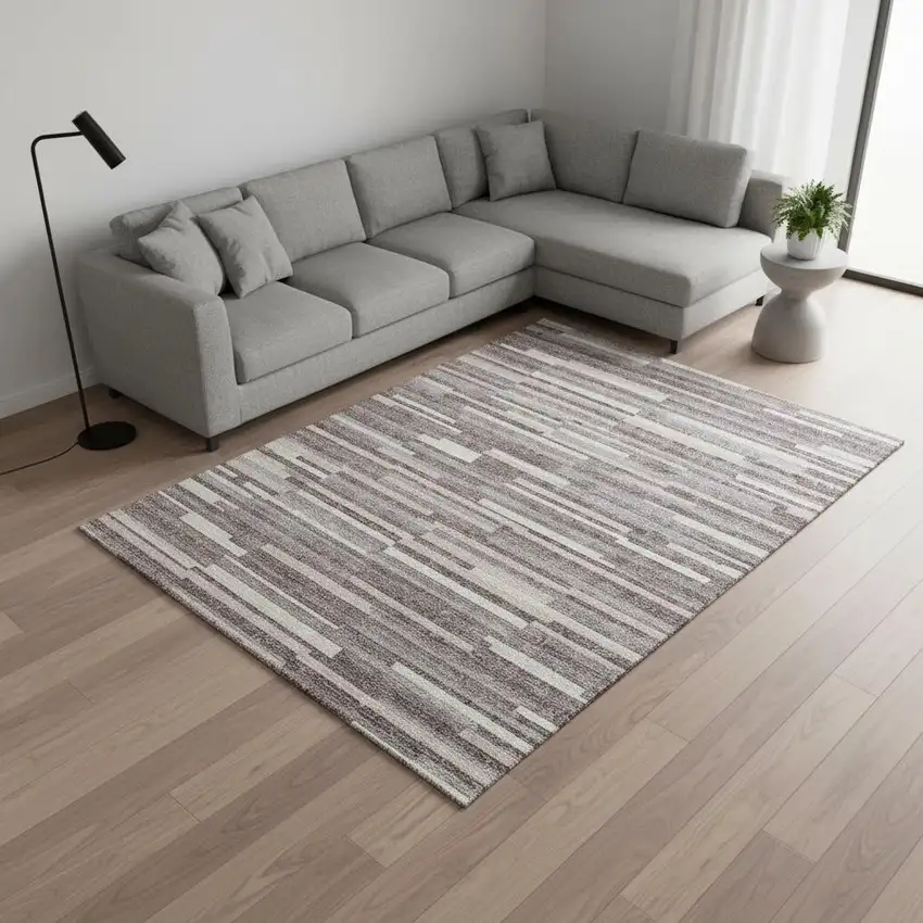 Lavender And Ivory Striped Washable Area Rug With UV Protection Photo 2