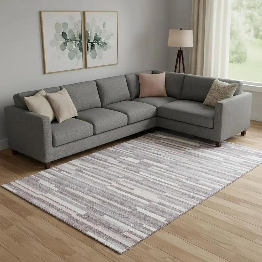 Lavender And Ivory Striped Washable Area Rug With UV Protection Photo 1