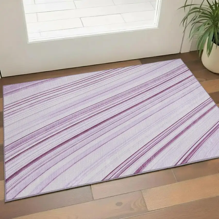 Lavender And Ivory Striped Washable Area Rug With UV Protection Photo 2