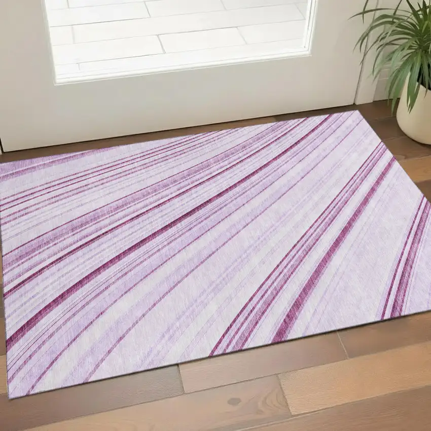 Lavender And Ivory Striped Washable Area Rug With UV Protection Photo 1
