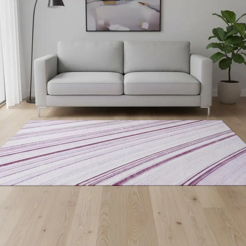 Lavender And Ivory Striped Washable Area Rug With UV Protection Photo 2