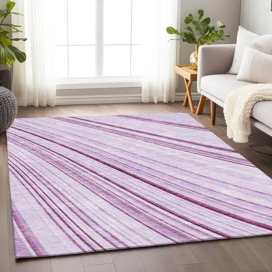 Lavender And Ivory Striped Washable Area Rug With UV Protection Photo 4