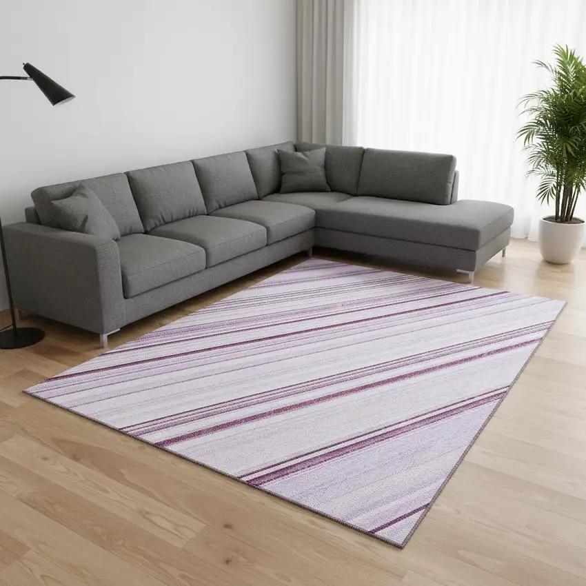 Lavender And Ivory Striped Washable Area Rug With UV Protection Photo 2