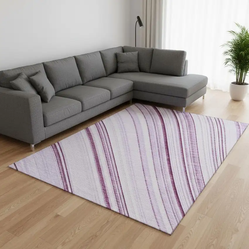 Lavender And Ivory Striped Washable Area Rug With UV Protection Photo 2