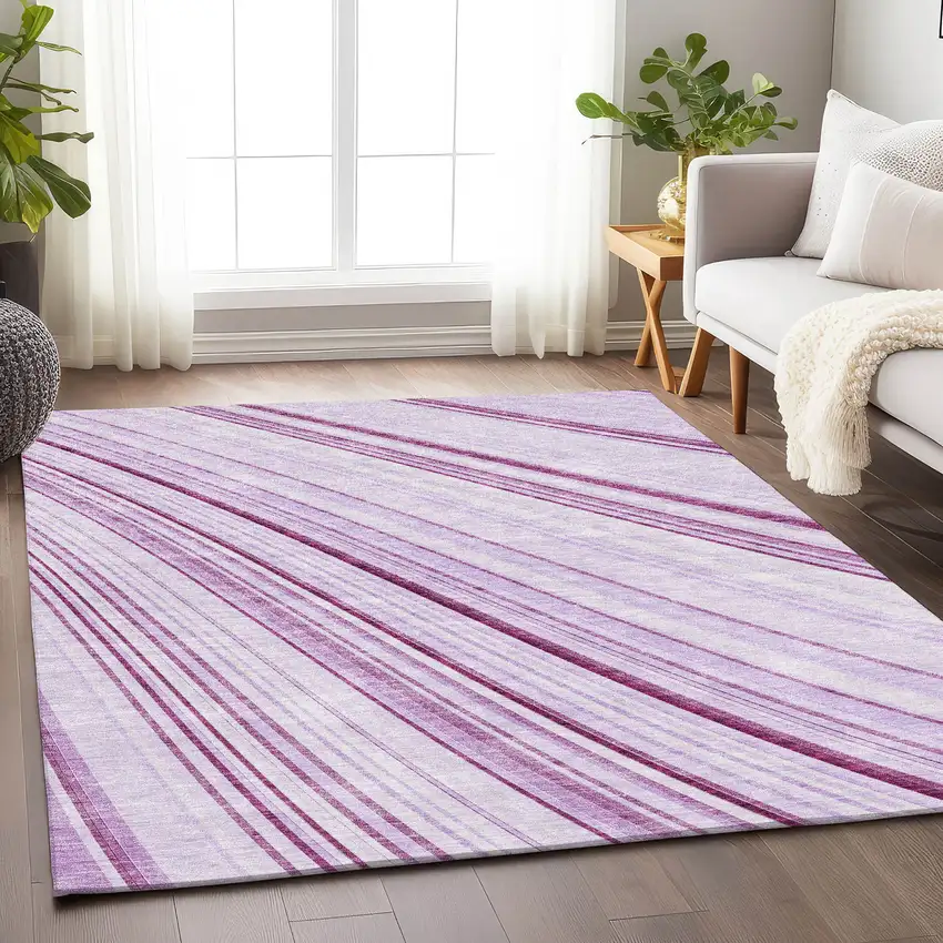 Lavender And Ivory Striped Washable Area Rug With UV Protection Photo 4