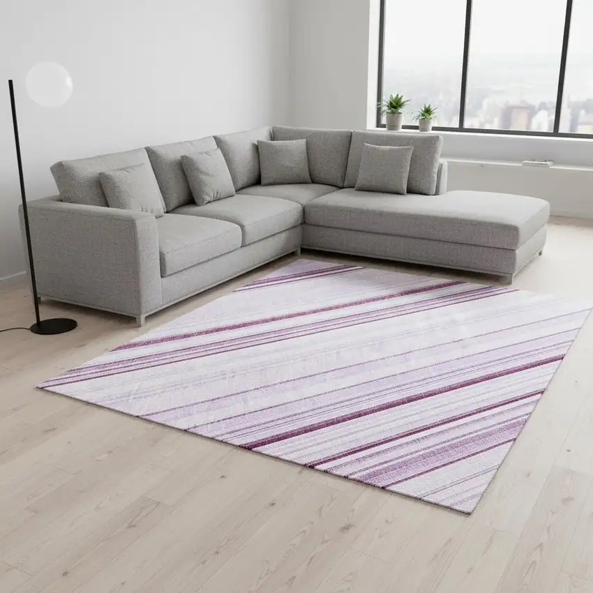 Lavender And Ivory Striped Washable Area Rug With UV Protection Photo 2