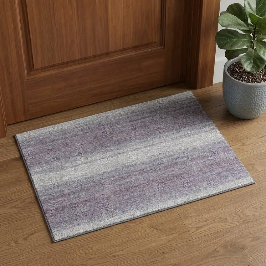 Lavender And Ivory Striped Washable Area Rug With UV Protection Photo 1