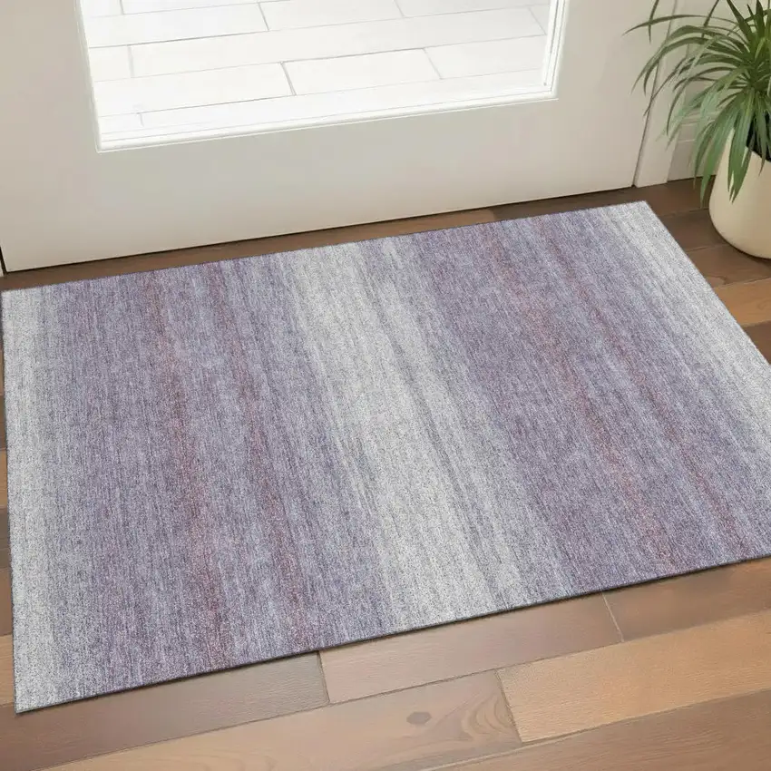 Lavender And Ivory Striped Washable Area Rug With UV Protection Photo 1