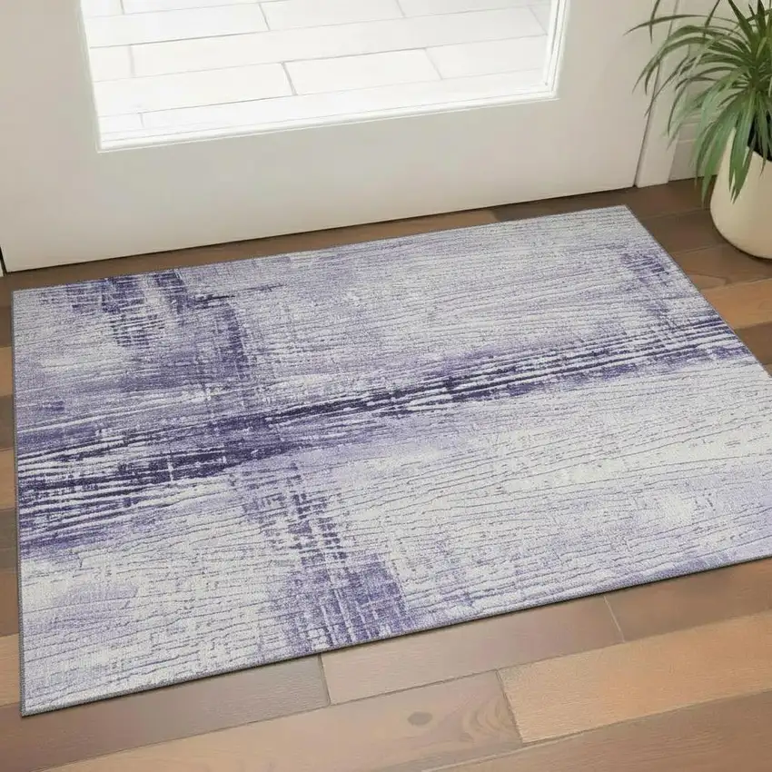 Lavender And Ivory Striped Washable Area Rug With UV Protection Photo 2