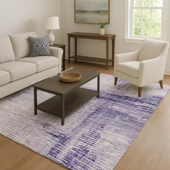 Lavender And Ivory Striped Washable Area Rug With UV Protection Photo 6
