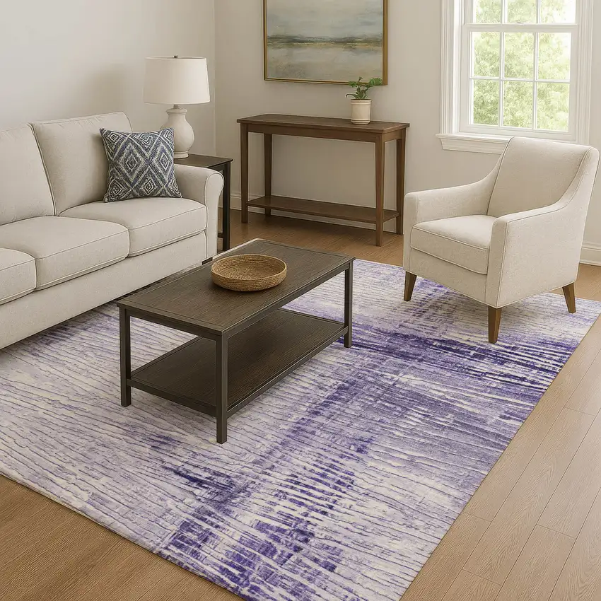 Lavender And Ivory Striped Washable Area Rug With UV Protection Photo 6