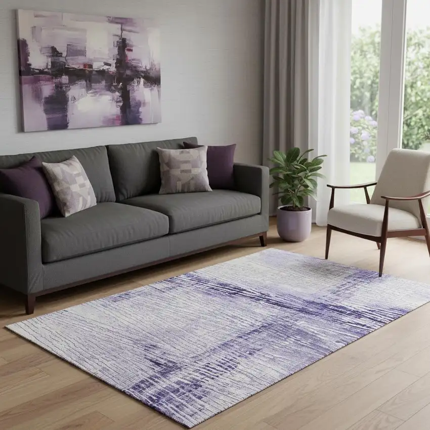 Lavender And Ivory Striped Washable Area Rug With UV Protection Photo 2