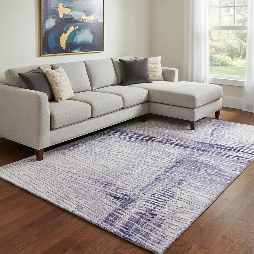 Lavender And Ivory Striped Washable Area Rug With UV Protection Photo 2