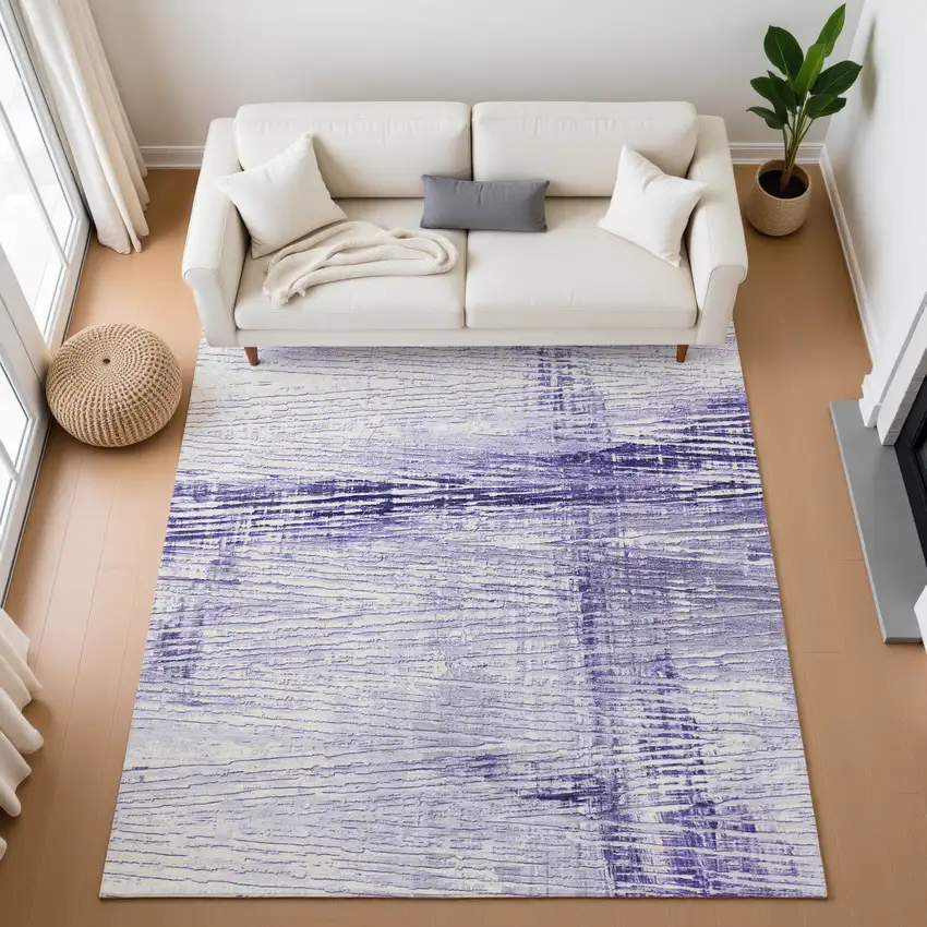 Lavender And Ivory Striped Washable Area Rug With UV Protection Photo 5