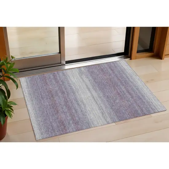 Lavender And Ivory Striped Washable Indoor Outdoor Area Rug Photo 1