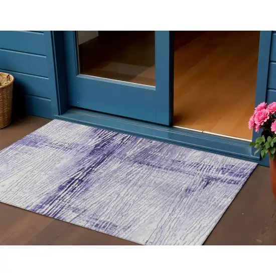 Lavender And Ivory Striped Washable Indoor Outdoor Area Rug Photo 2