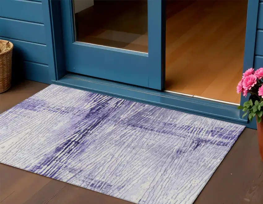 Lavender And Ivory Striped Washable Indoor Outdoor Area Rug Photo 2