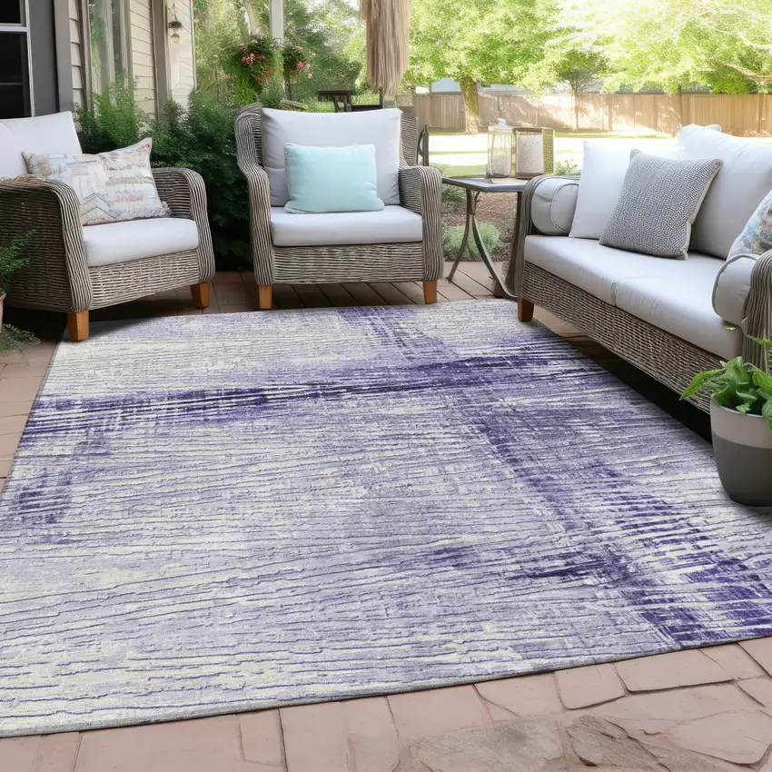 Lavender And Ivory Striped Washable Indoor Outdoor Area Rug Photo 5