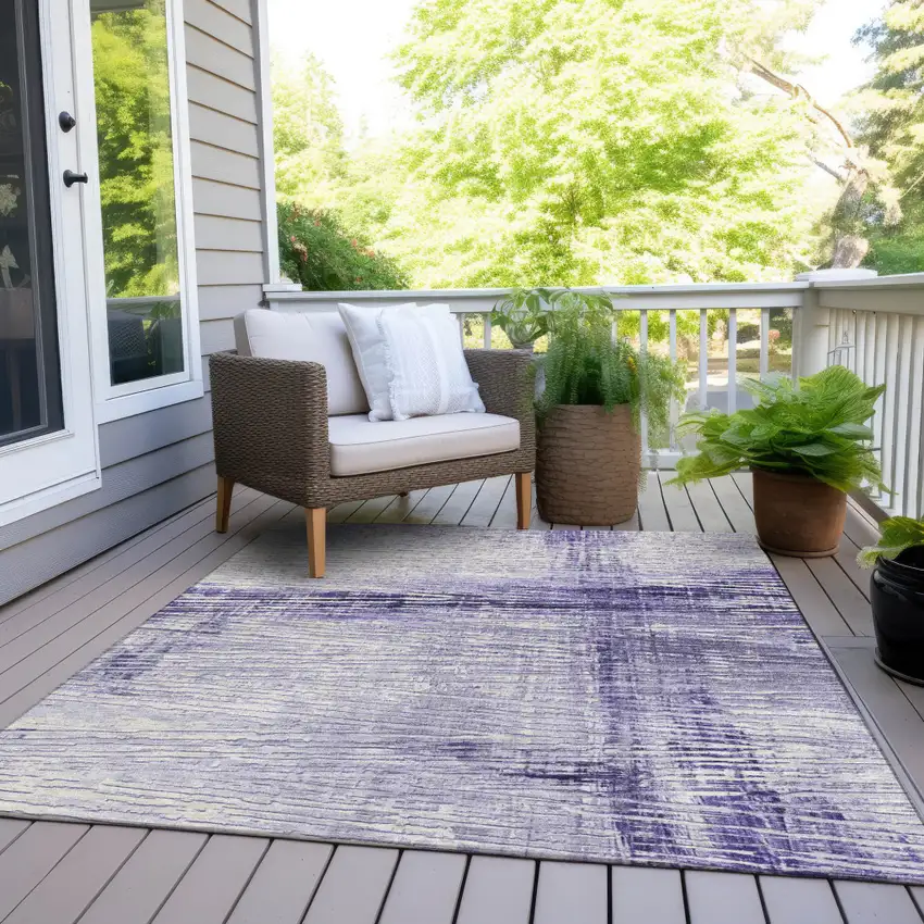 Lavender And Ivory Striped Washable Indoor Outdoor Area Rug Photo 8