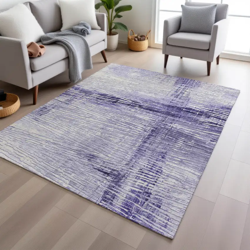 Lavender And Ivory Striped Washable Indoor Outdoor Area Rug Photo 5