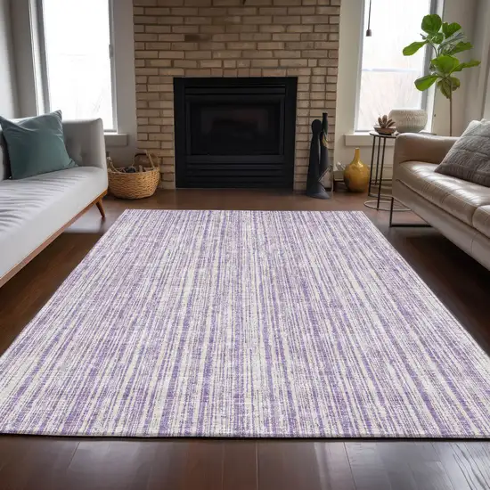 Lavender And Ivory Striped Washable Indoor Outdoor Area Rug Photo 8