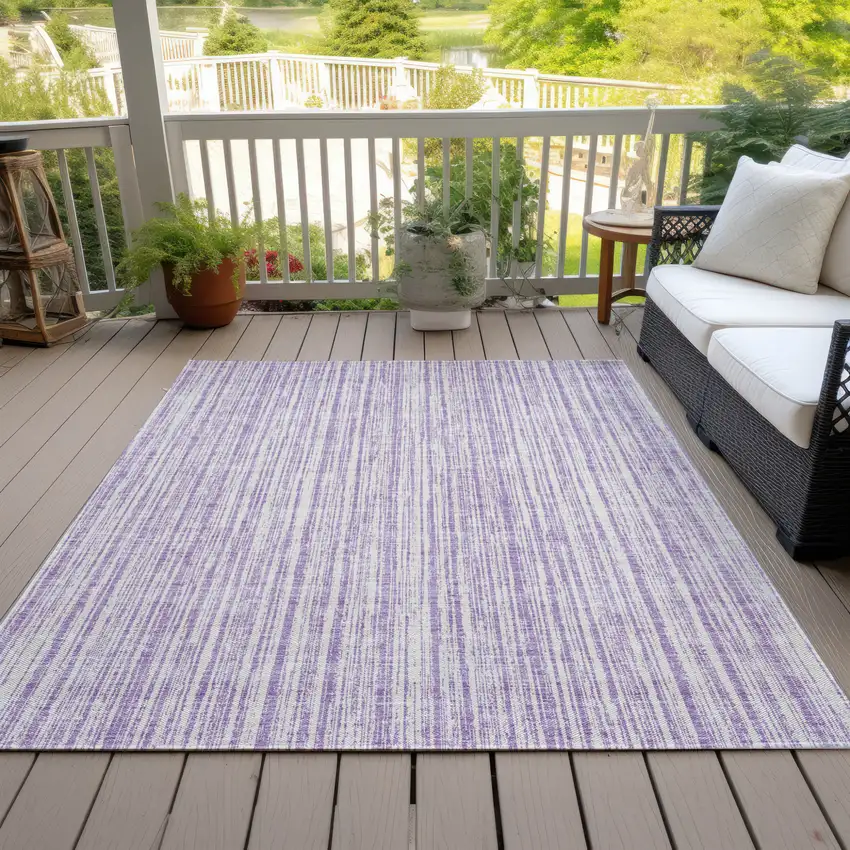 Lavender And Ivory Striped Washable Indoor Outdoor Area Rug Photo 6