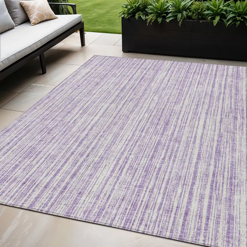 Lavender And Ivory Striped Washable Indoor Outdoor Area Rug Photo 1