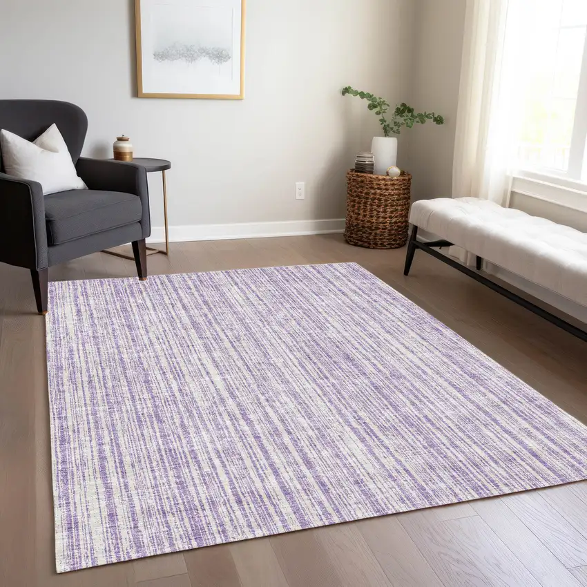 Lavender And Ivory Striped Washable Indoor Outdoor Area Rug Photo 8