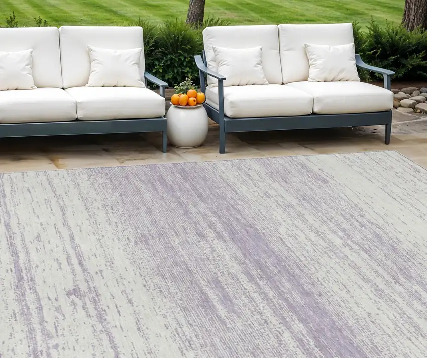Lavender And Ivory Striped Washable Indoor Outdoor Area Rug Photo 1