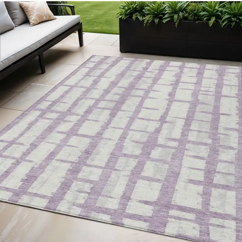 Lavender And Ivory Striped Washable Indoor Outdoor Area Rug Photo 1