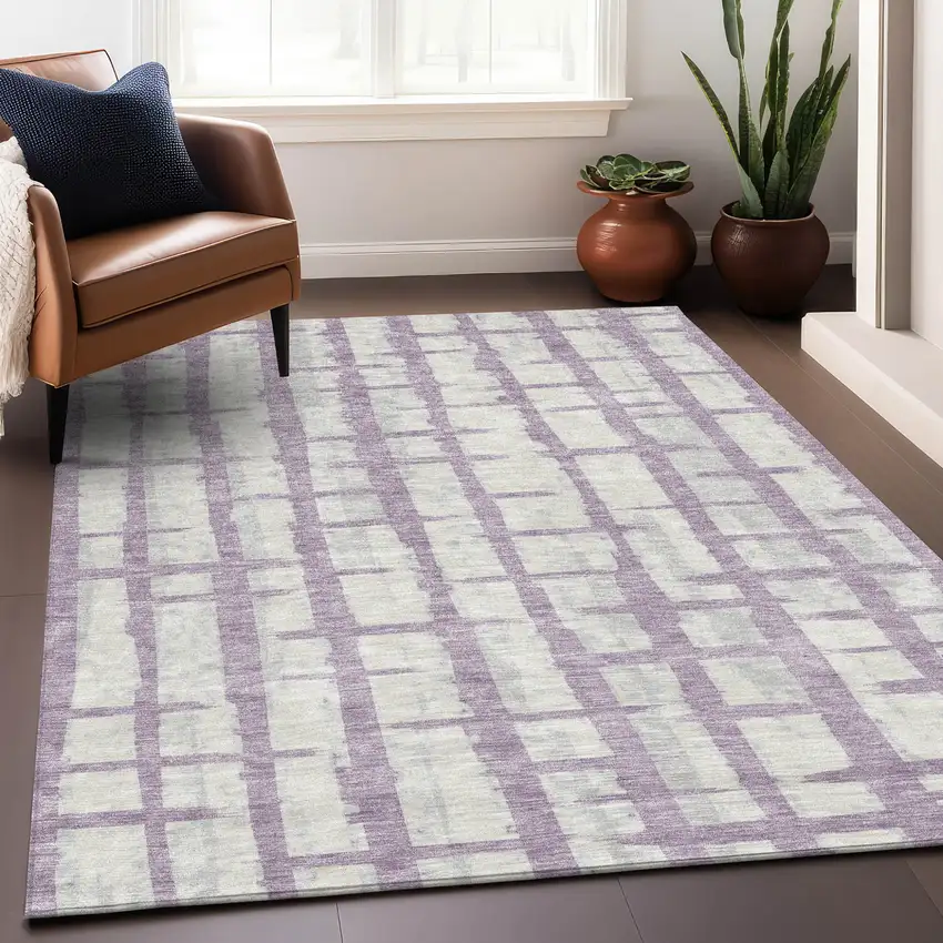 Lavender And Ivory Striped Washable Indoor Outdoor Area Rug Photo 9