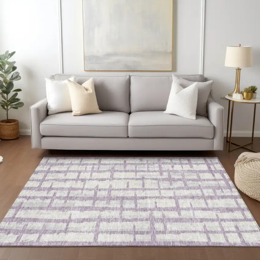 Lavender And Ivory Striped Washable Indoor Outdoor Area Rug Photo 9
