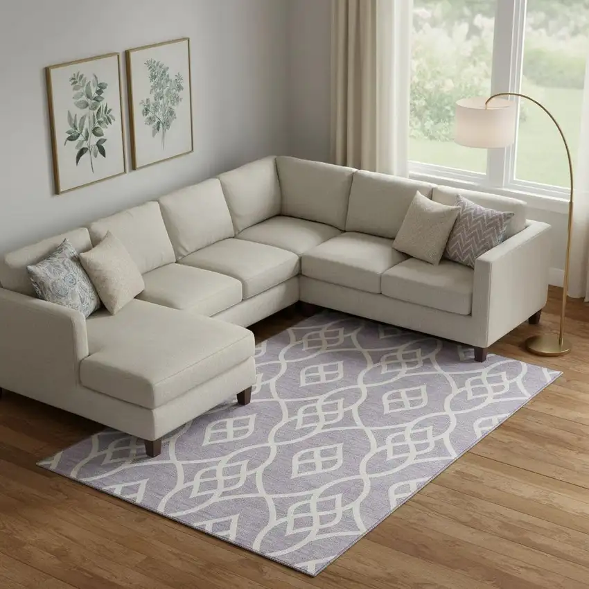 Lavender And Ivory Trellis Washable Area Rug With UV Protection Photo 1