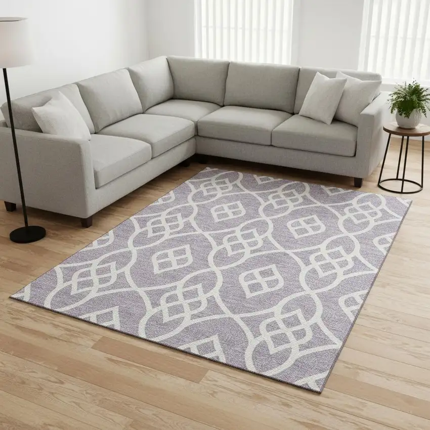 Lavender And Ivory Trellis Washable Area Rug With UV Protection Photo 2