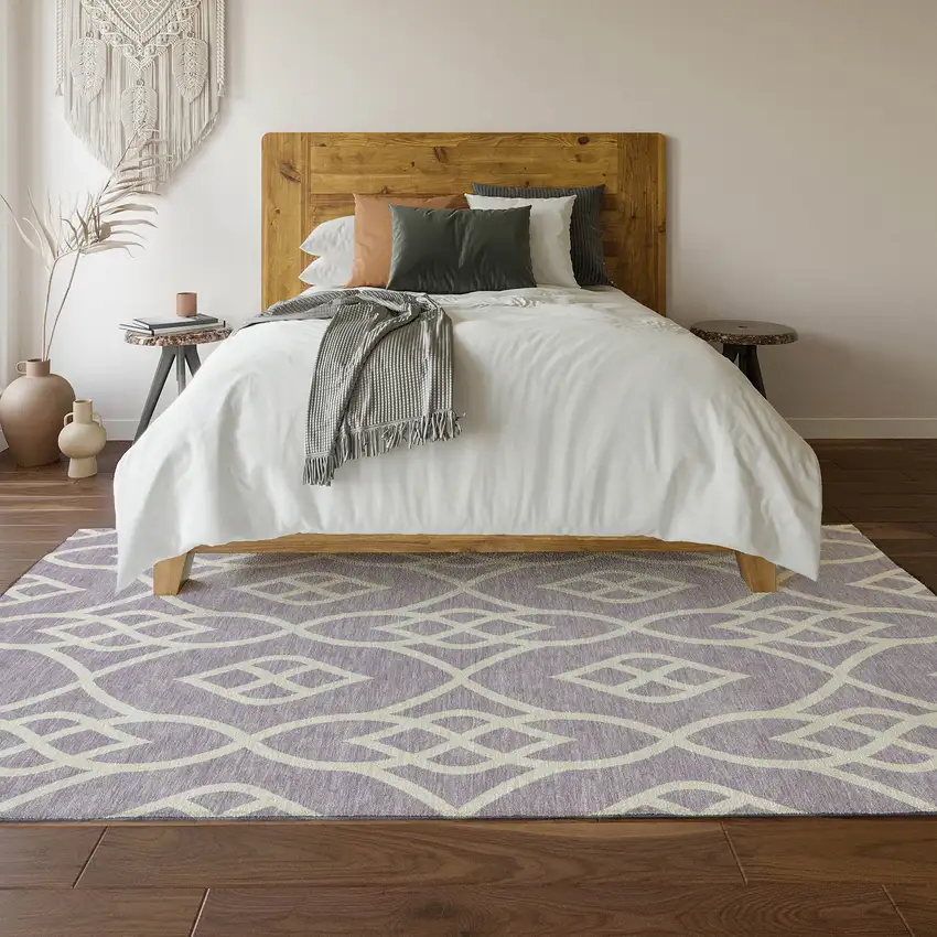 Lavender And Ivory Trellis Washable Area Rug With UV Protection Photo 6