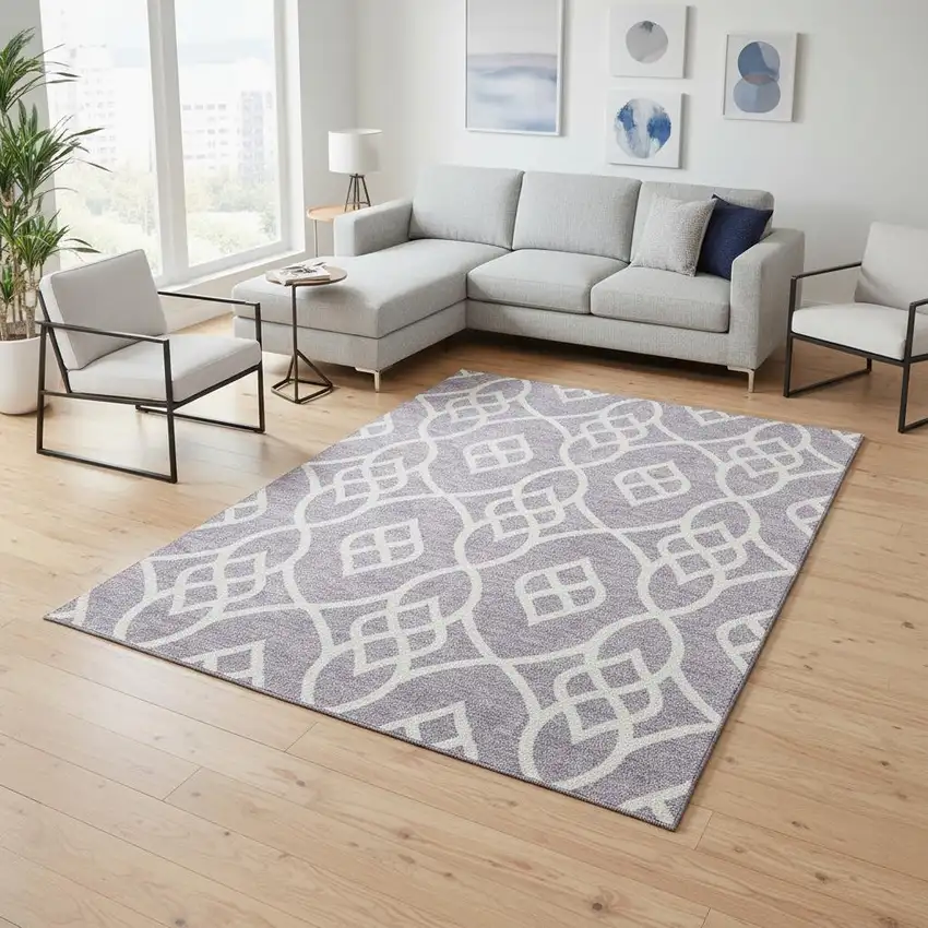 Lavender And Ivory Trellis Washable Area Rug With UV Protection Photo 2