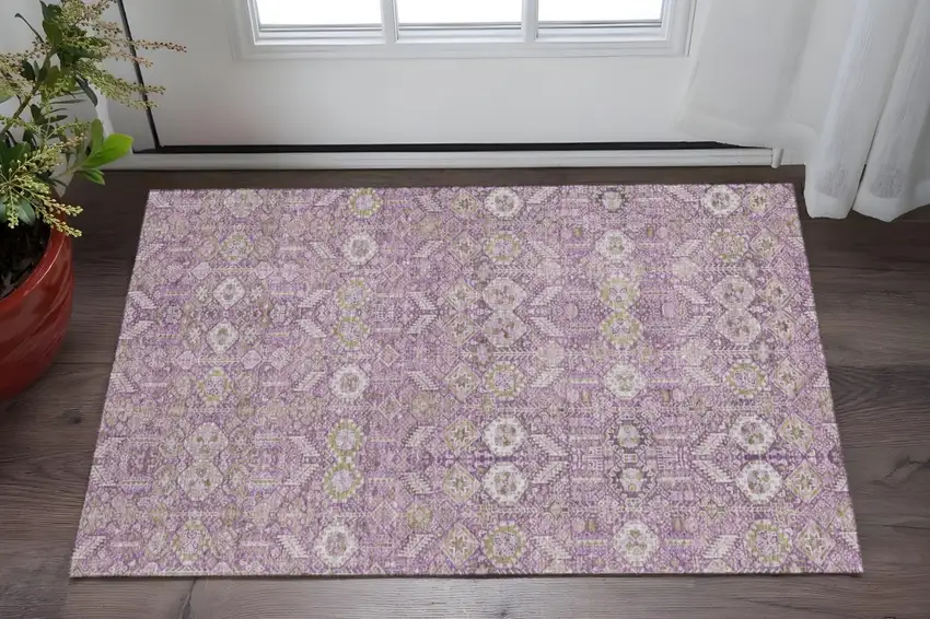 Lavender And Ivory Tribal Washable Area Rug With UV Protection Photo 2