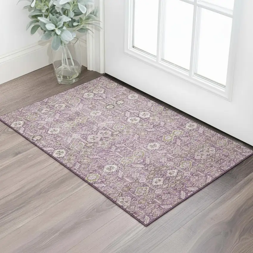 Lavender And Ivory Tribal Washable Area Rug With UV Protection Photo 1