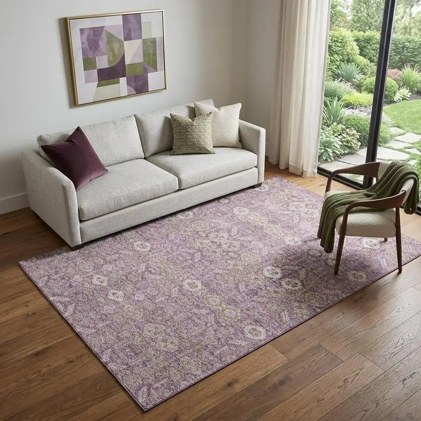 Lavender And Ivory Tribal Washable Area Rug With UV Protection Photo 1