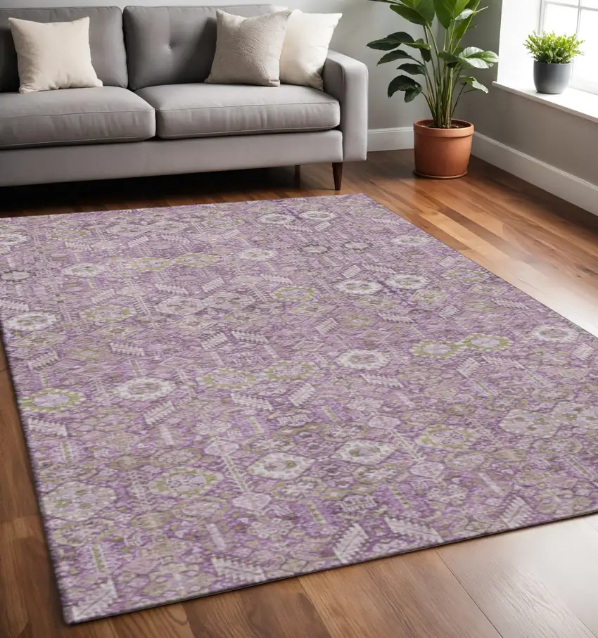 Lavender And Ivory Tribal Washable Area Rug With UV Protection Photo 2