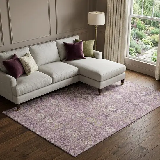 Lavender And Ivory Tribal Washable Area Rug With UV Protection Photo 1