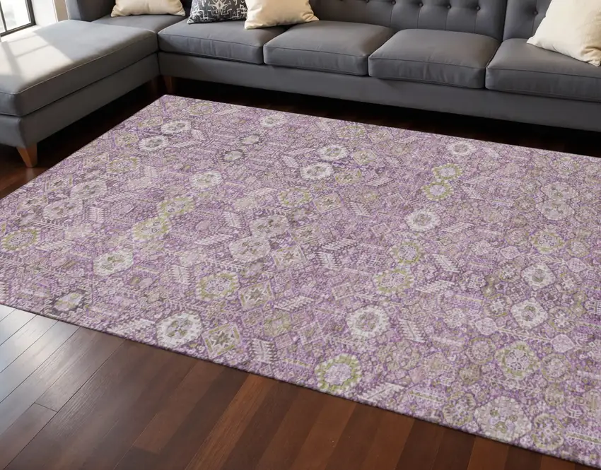 Lavender And Ivory Tribal Washable Area Rug With UV Protection Photo 2