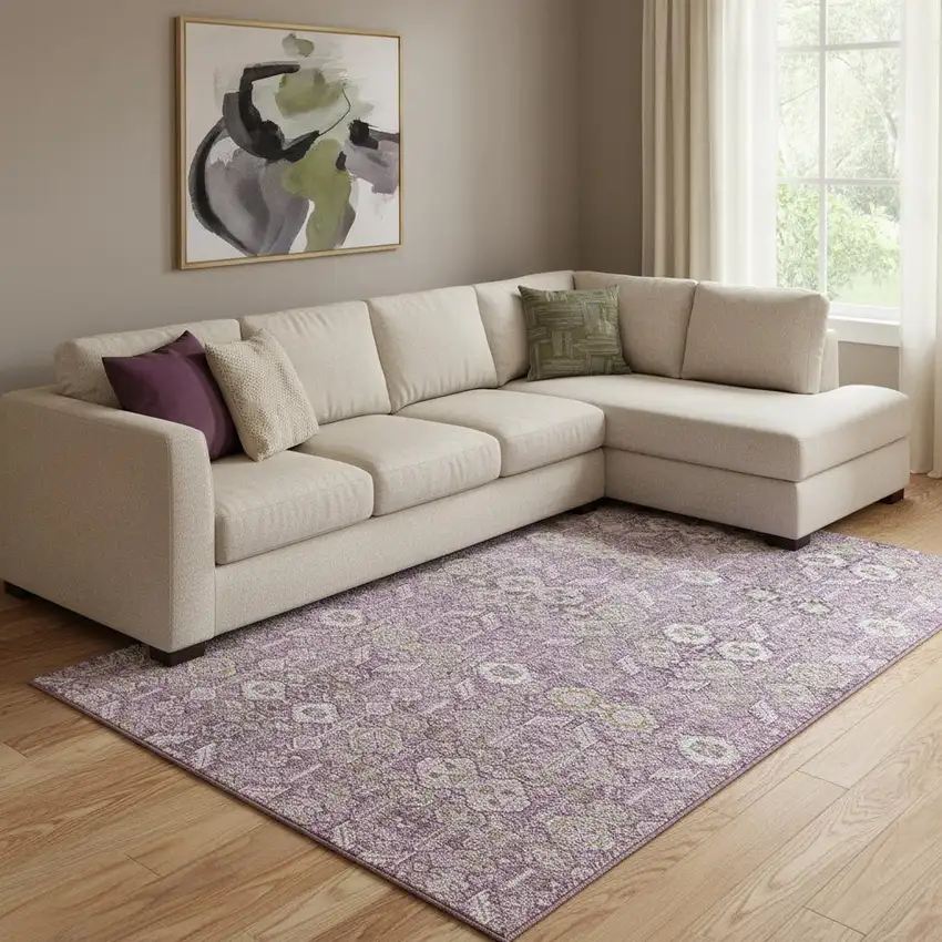 Lavender And Ivory Tribal Washable Area Rug With UV Protection Photo 1