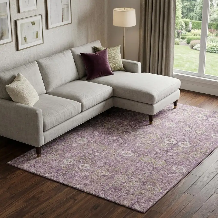 Lavender And Ivory Tribal Washable Area Rug With UV Protection Photo 1