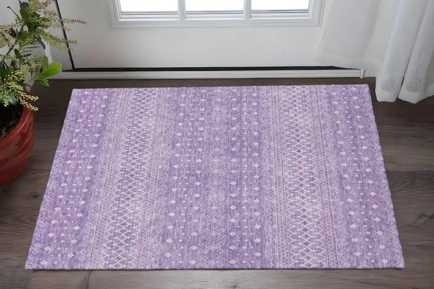 Lavender And Ivory Tribal Washable Area Rug With UV Protection Photo 2
