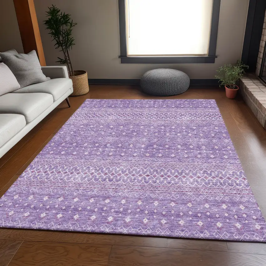 Lavender And Ivory Tribal Washable Area Rug With UV Protection Photo 6