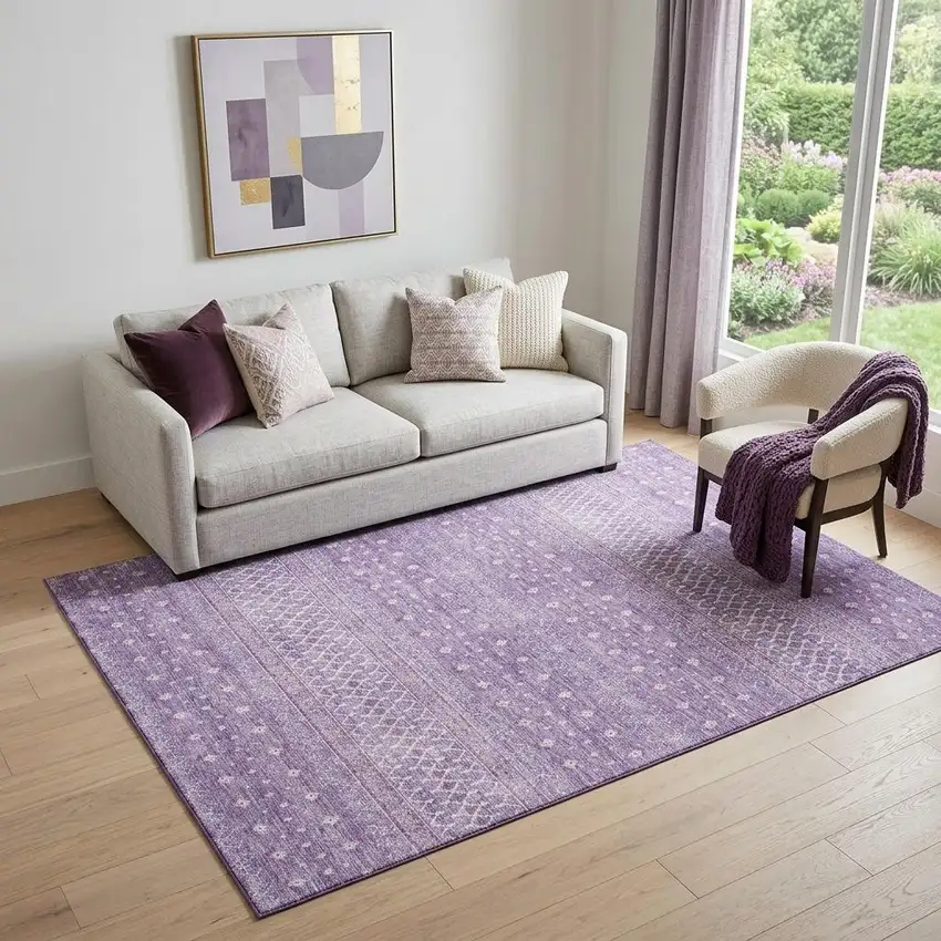 Lavender And Ivory Tribal Washable Area Rug With UV Protection Photo 1